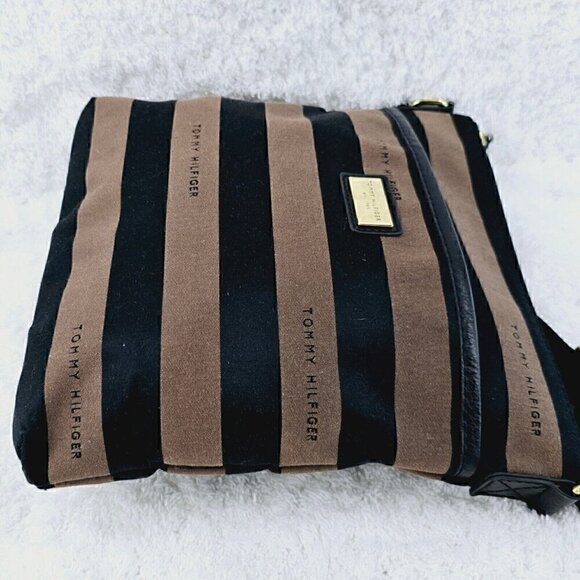 Tommy Hilfiger Brown and Black Striped Sateen Twill Fabric Crossbody - Picture 9 of 15